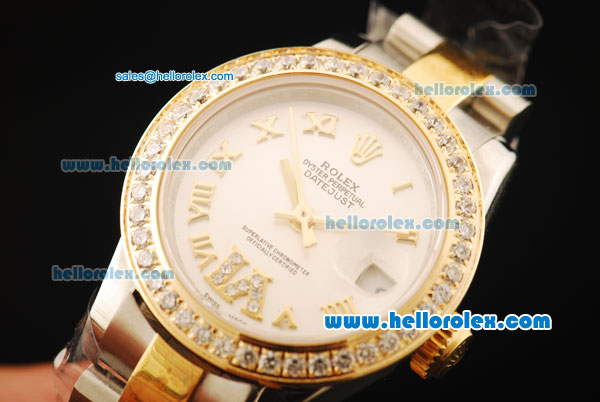 Rolex Datejust Automatic Movement ETA Coating Case with White Dial and Gold Roman Numerals-Diamond Bezel - Click Image to Close